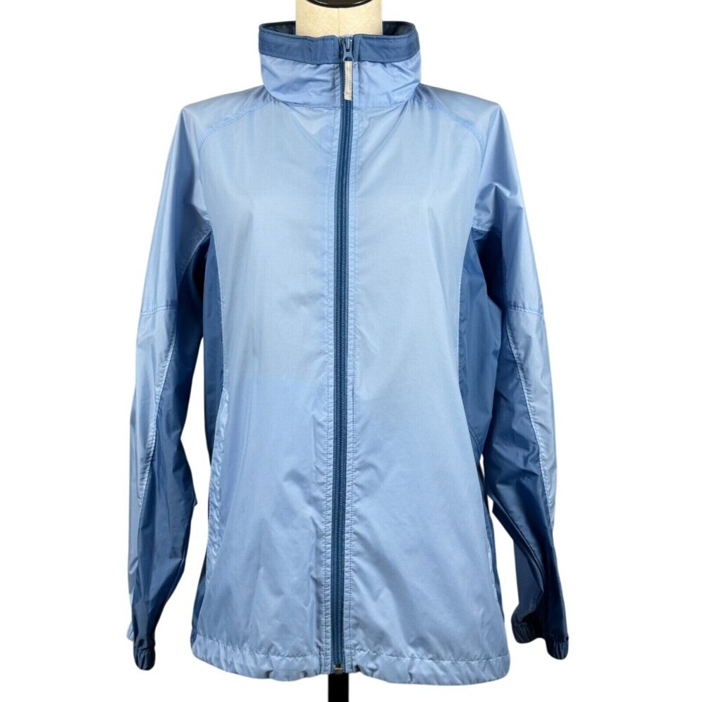 Columbia Womens Blue Windbreaker Jacket Size L Zip Water-Resistant Stowed Hood